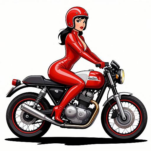 Digital illustration of a stylish woman in a tight red latex suit and helmet riding a red and black Honda motorcycle.