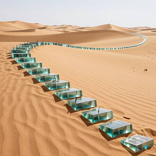 Photograph of a futuristic desert installation: a curved line of transparent, cube-shaped structures with numbers and symbols, set in vast, sunlit, orange