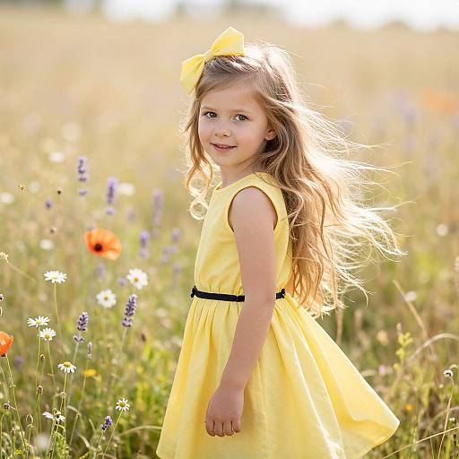 Photograph of a smiling young girl with long brown hair, wearing a yellow dress and bow, standing in a sunlit field of wildflowers.