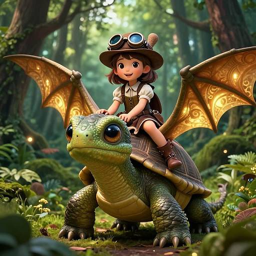 Digital illustration of a cute girl with brown hair, goggles hat, white shirt, and brown vest, riding a green, dragon-like turtle with golden wings