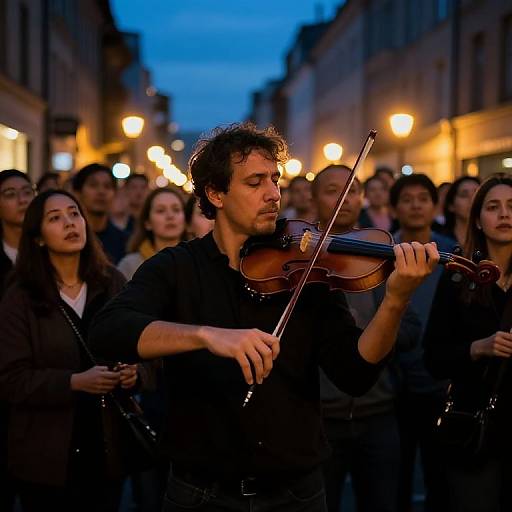 Photograph of a curly-haired male violinist in black, playing in a dimly lit street at dusk, surrounded by a focused orchestra. Warm street