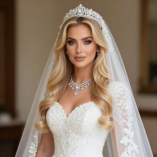 Photograph of a blonde, blue-eyed bride with long, wavy hair, wearing a white lace wedding dress, tiara, veil, and diamond