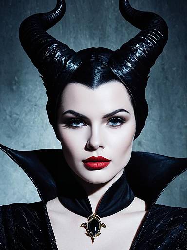 Digital portrait of a pale-skinned woman with black, glossy horns, red lipstick, high black collar, and dark outfit, against a blue-gray background