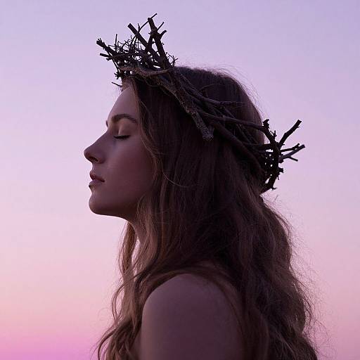 Photograph of a silhouetted woman with long hair and a twig crown, eyes closed, against a gradient pink-to-purple sunset background.