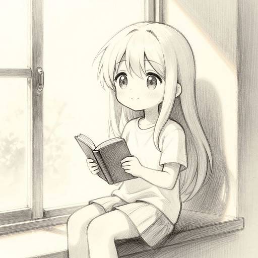 Black-and-white manga-style drawing of a cute, long-haired girl sitting by a sunlit window, reading a book, wearing a t-shirt and shorts
