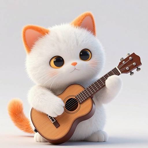 Cute CGI white kitten with orange ears and tail, holding a small acoustic guitar, wide black eyes, against a white background.