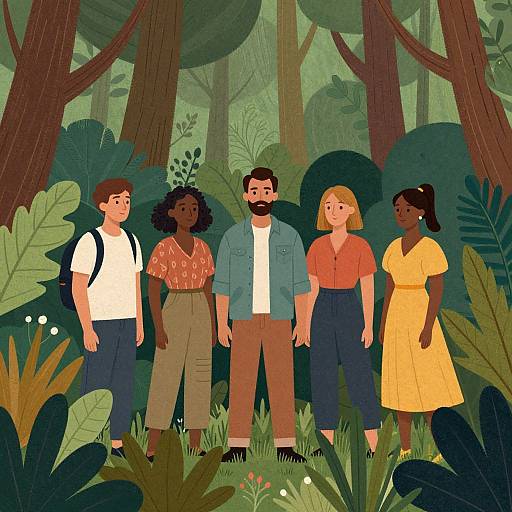 Illustration of five diverse friends standing in a lush forest: two men, two women, one with backpack, all in casual clothes.