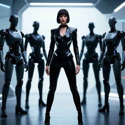 Photorealistic CGI: Confident woman in black leather jumpsuit, bob haircut, standing center in futuristic lab, surrounded by robotic figures.