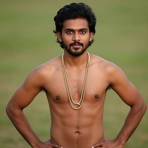 Photograph of a muscular, shirtless Indian man with dark hair and beard, wearing a long gold necklace, standing with hands on hips against a blurred