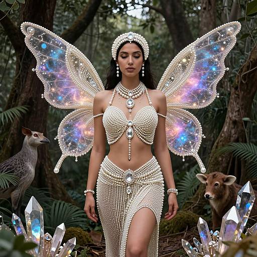 Photorealistic digital fantasy: Dark-haired woman with glowing butterfly wings, pearl-encrusted bikini, forest backdrop, deer flanking, crystal clusters