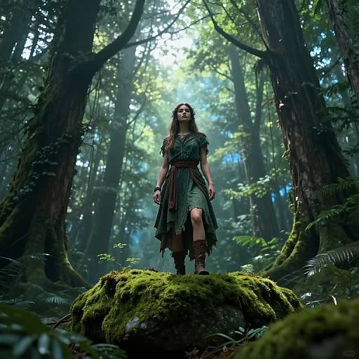 Photograph of a woman in a green, tattered forest dress standing confidently on a moss-covered rock in a dense, sunlit forest.