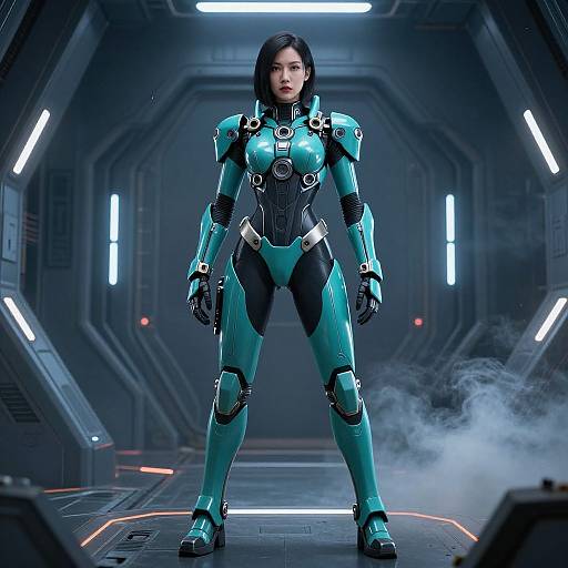 Photorealistic CGI of an Asian woman in teal, high-tech armor standing confidently in a futuristic, dimly lit corridor with glowing lights and mist.