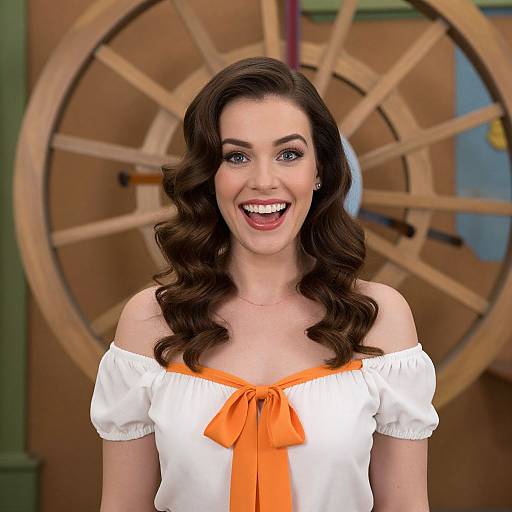 Photograph of a smiling woman with curly brown hair, wearing a white off-shoulder dress with an orange bow, standing in front of a wooden