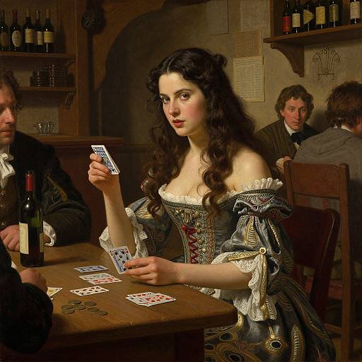 Digital painting of a 17th-century-style woman with long dark hair, wearing an ornate blue dress, playing cards in a dimly lit tavern