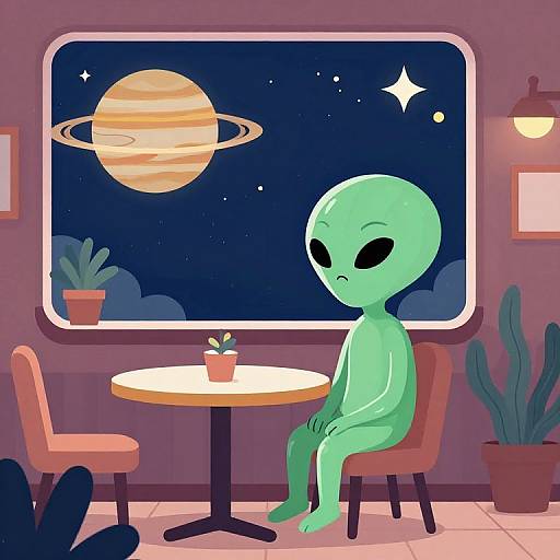 Digital drawing of a green alien with large black eyes, sitting at a small round table in a cozy café, looking out a window at a starry