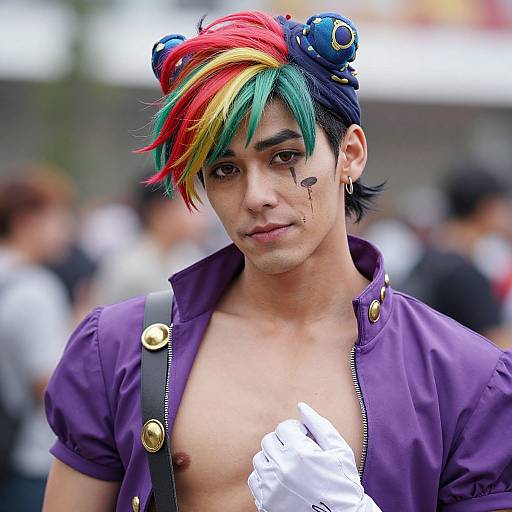 Photograph of a young man with vibrant red, green, yellow, and blue hair, wearing a purple shirt, white gloves, and black suspenders