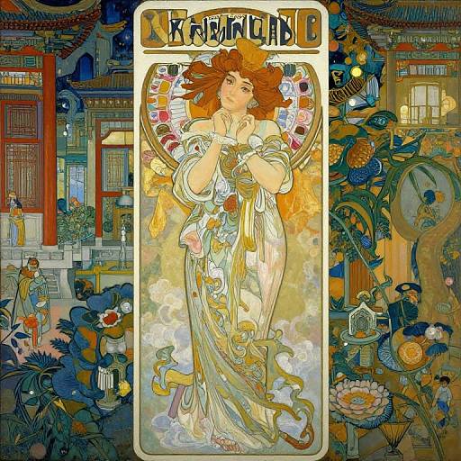 Vibrant Art Nouveau-style digital illustration featuring a serene, ethereal woman with flowing brown hair and a shimmering dress, surrounded by intricate,