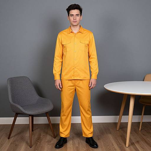 Photograph of a young man with dark hair, wearing bright yellow prison uniform, standing in a modern room with gray walls, wooden floor, gray chair