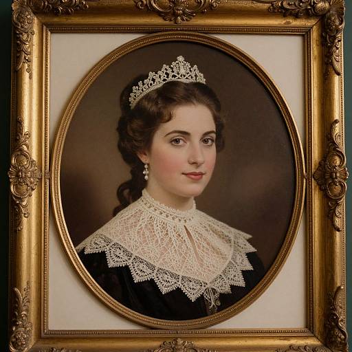 Victorian-style portrait of a young woman with dark hair, tiara, lace collar, and earrings, framed in an ornate gold oval.