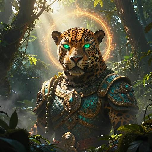 CGI fantasy image of a glowing-eyed, armored leopard with a halo standing in a sunlit, dense jungle. Detailed armor, radiant green eyes,