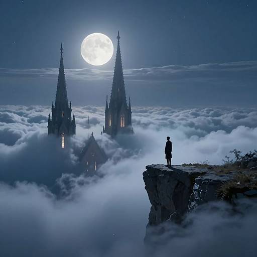 Silhouetted figure stands on cliff, gazing at glowing full moon over mystical, cloud-covered twin Gothic spires in nighttime sky. Digital art