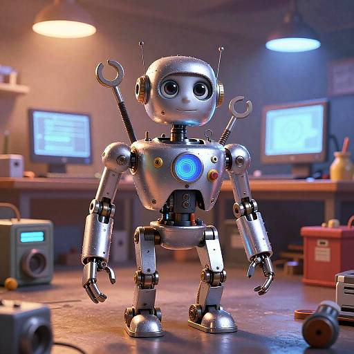 Photorealistic CGI of a shiny, silver robot with large eyes, blue glowing chest, and two antenna-like arms, standing in a dimly lit