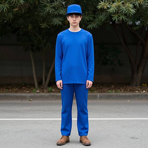Photograph of a young man in all blue outfit: long-sleeve shirt, pants, cap, and brown shoes, standing on a street with