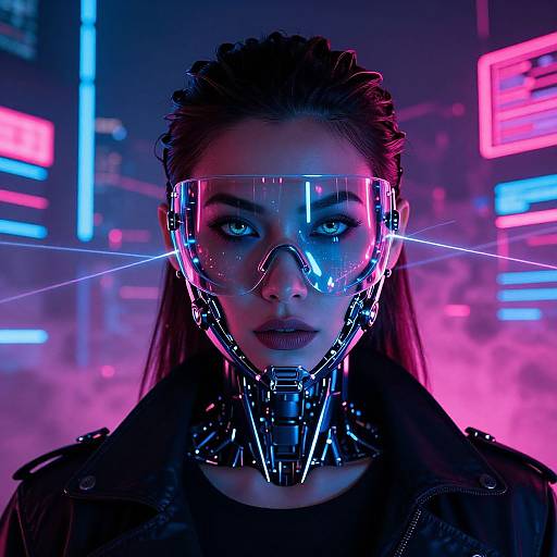 Cyberpunk woman with neon-lit, metallic mask and collar, glowing blue eyes, dark hair, neon cityscape background. Digital art, vibrant