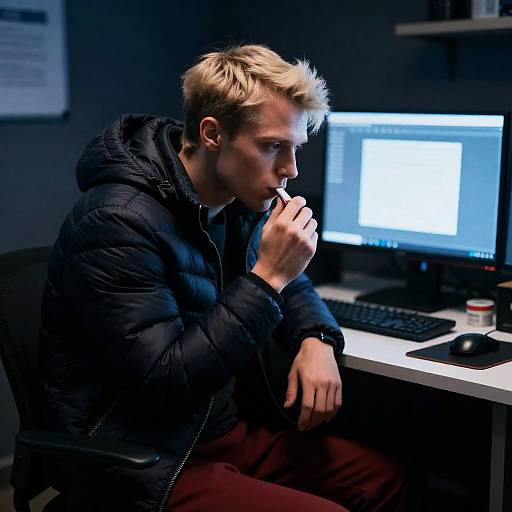 Focused Man in Dimly Lit Workspace