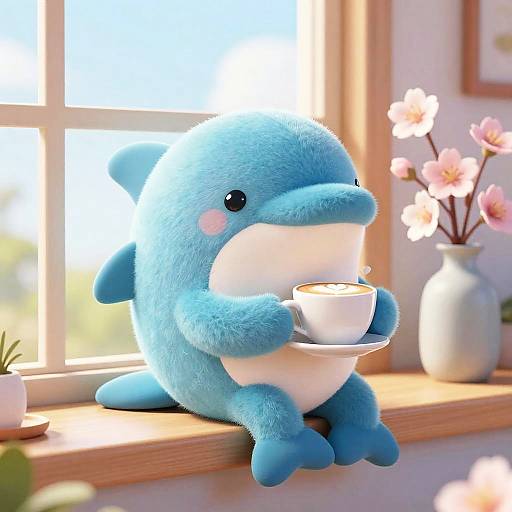 Cute CGI blue plush dolphin with pink blush, sitting on wooden windowsill, holding white teacup, surrounded by pink flowers and sunlight.