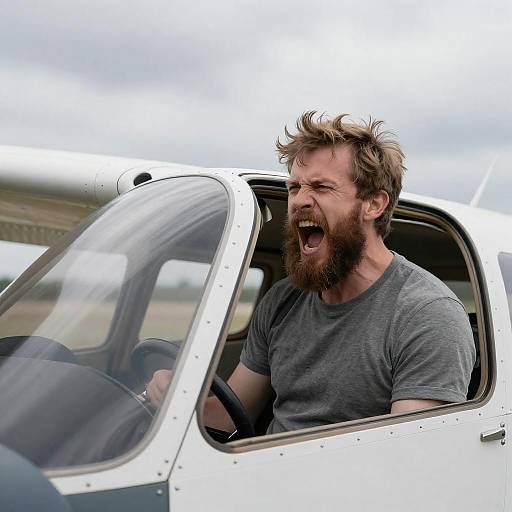 Intense Bearded Man in Cockpit