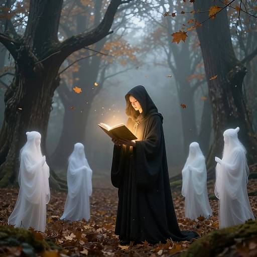 Mystical forest scene: hooded woman in black robe reads glowing book, surrounded by ethereal white ghost-like figures, autumn leaves falling.
