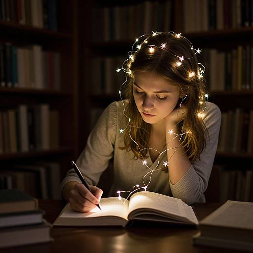 Photograph of a young woman with brown hair, wearing a gray sweater, reading an open book illuminated by fairy lights, in a dimly lit library