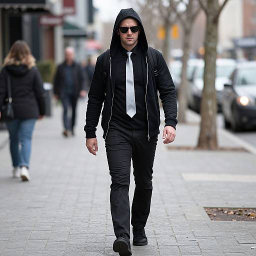 Photograph of a man in black hoodie, sunglasses, and tie walking down a city sidewalk, blurred pedestrians and cars in background.