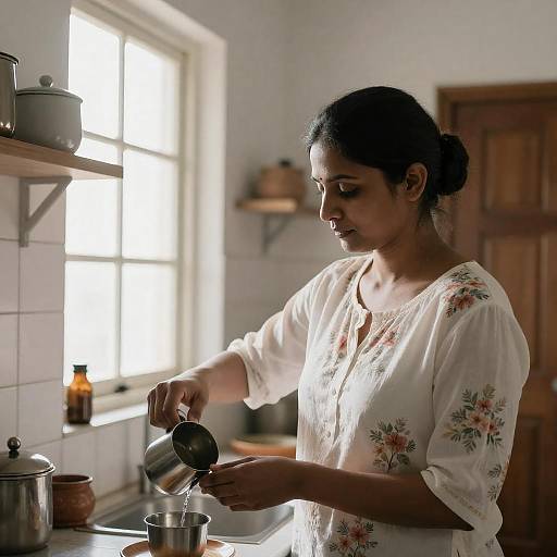 Sunlit Kitchen Serenity with Indian Woman