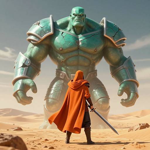 CGI image: Muscular, green-skinned giant in cracked armor stands towering over a hooded figure in an orange cloak holding a sword in a