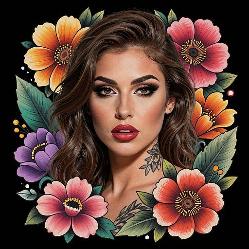 Digital art of a stunning woman with red lipstick, dark wavy hair, surrounded by vibrant, colorful flowers against a black background.