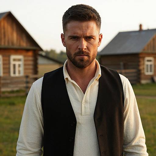 Serious Man in Rustic Sunrise Scene