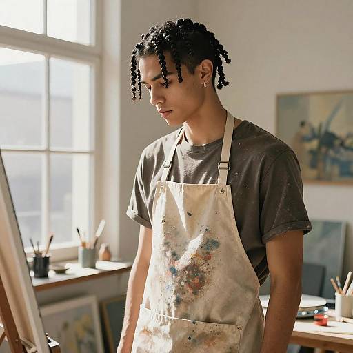 Photograph of a young Black man with dreadlocks, wearing a stained apron over a gray T-shirt, standing in a sunlit art studio with