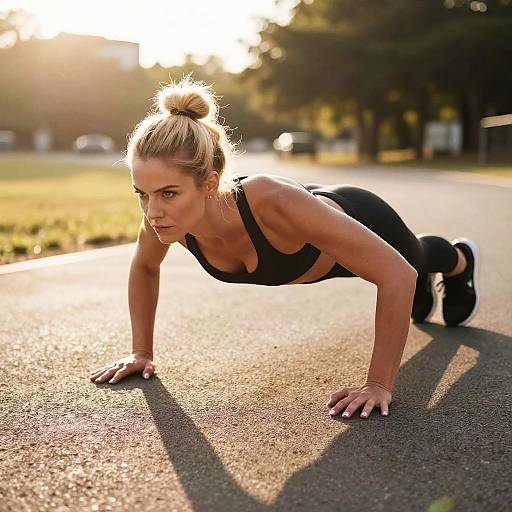 Determined Woman Doing Push-Up at Sunset