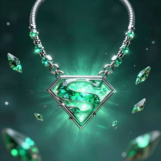 Photorealistic CGI of a glowing, emerald-green gemstone necklace with a central, faceted gem and floating crystals, set against a dark,