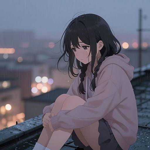 Melancholic Anime Girl on Rainy Rooftop
