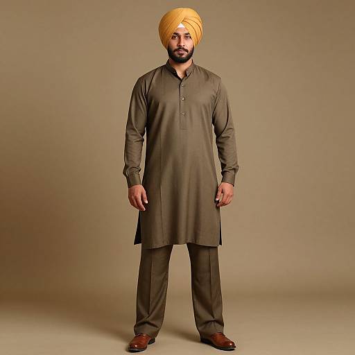 Photograph of a bearded man with medium brown skin, wearing a mustard yellow turban, dark brown traditional long kurta, matching trousers, and