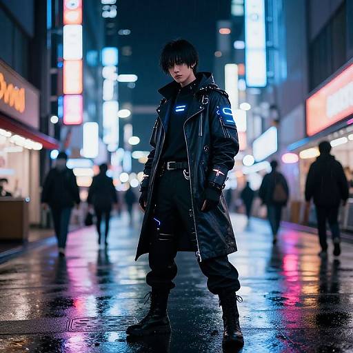 Cyberpunk street scene: Dark-haired man in black leather trench coat with blue lights, black pants, and boots stands on wet, reflective sidewalk.