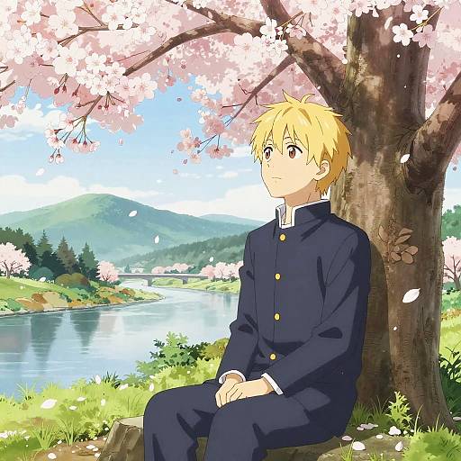 Anime-style drawing of a blonde boy in a navy school uniform, sitting under cherry blossom tree, with a serene river and mountains in the background.