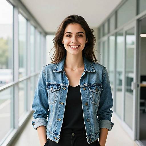 Photograph of a smiling young woman with long brown hair, wearing a blue denim jacket over a black top, standing in a bright, modern hallway with