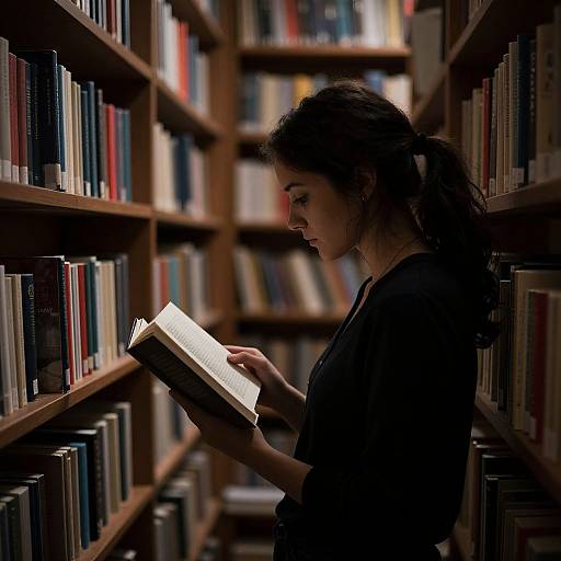 Photograph of a woman with dark hair in a ponytail, wearing a black top, reading a book in a dimly lit library aisle, surrounded