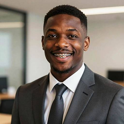 Confident Black Man with Braces in Office