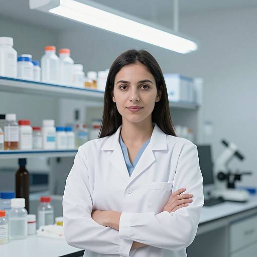 Photograph of a serious-looking young woman with long black hair, wearing a white lab coat, standing in a bright, modern laboratory with shelves of medicine