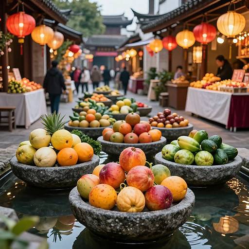 Vibrant Market with Fruits and Lanterns